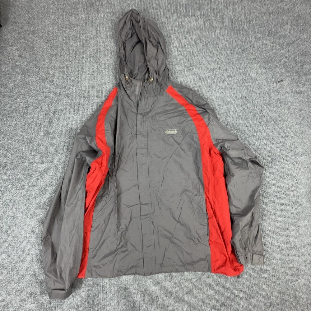 Coleman Jacket Mens XL Gray Red Hooded Full Zip Colorblock Windbreaker Nylon